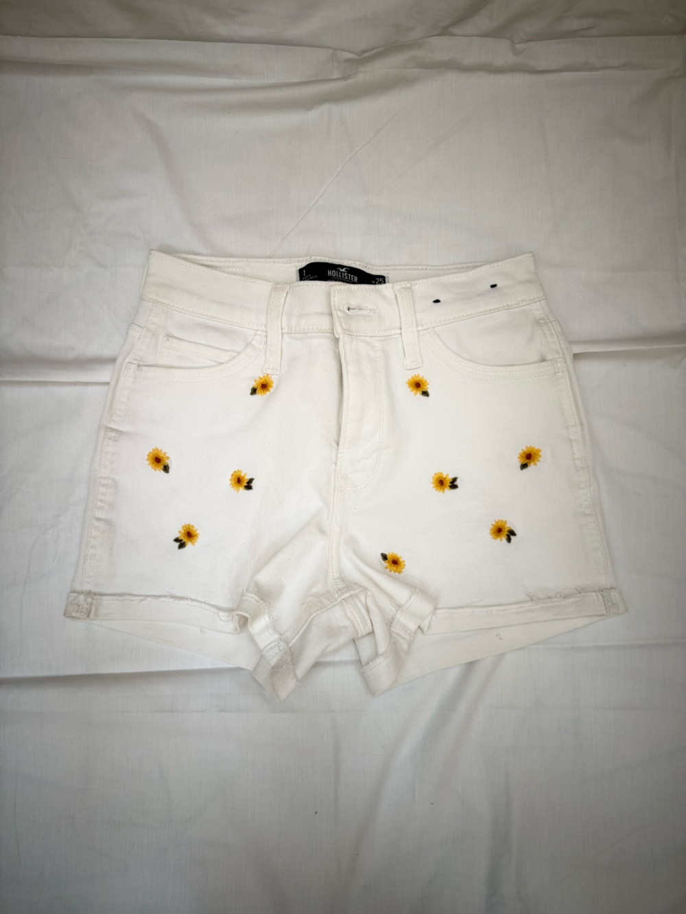 Hollister White Denim Shorts with Sunflower Embroidery